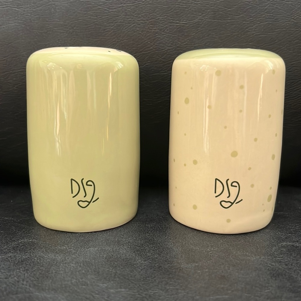 Salt and Pepper shaker set. Ceramic. New in box. Colors jade green and cream.
